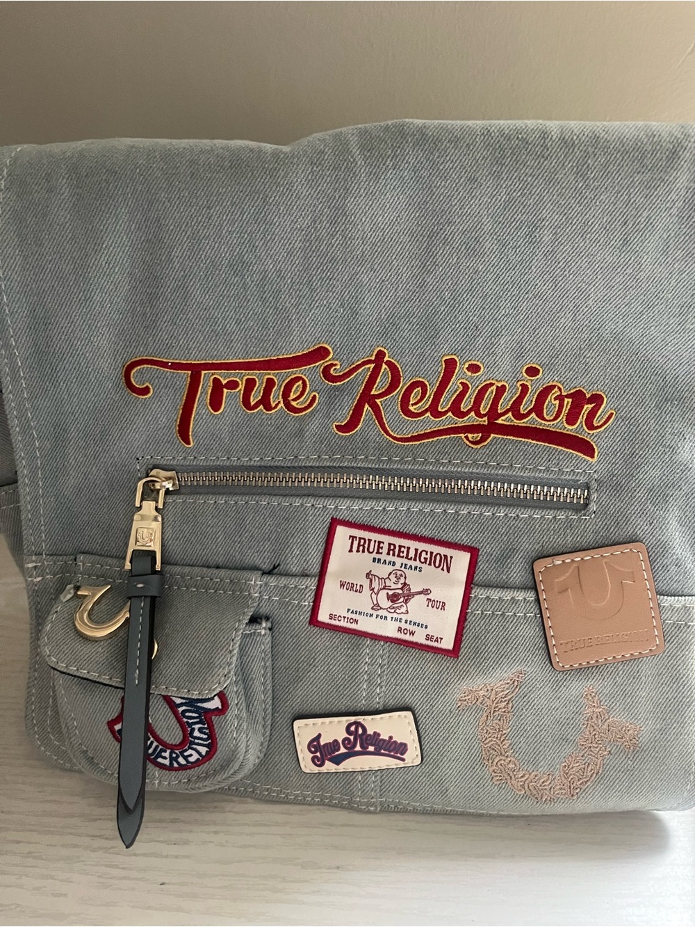 True Religion Light GrayCanvas Messenger Bag with Embroidered Logo - Picture 7 of 10